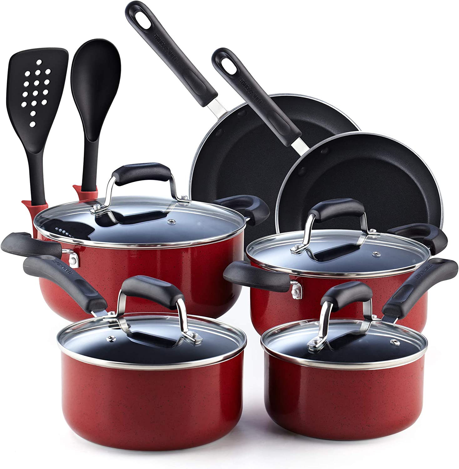 Cook N Home 2601 Stay Cool Handle Pattern 12-Piece Nonstick Cookware Set. Marble Red
