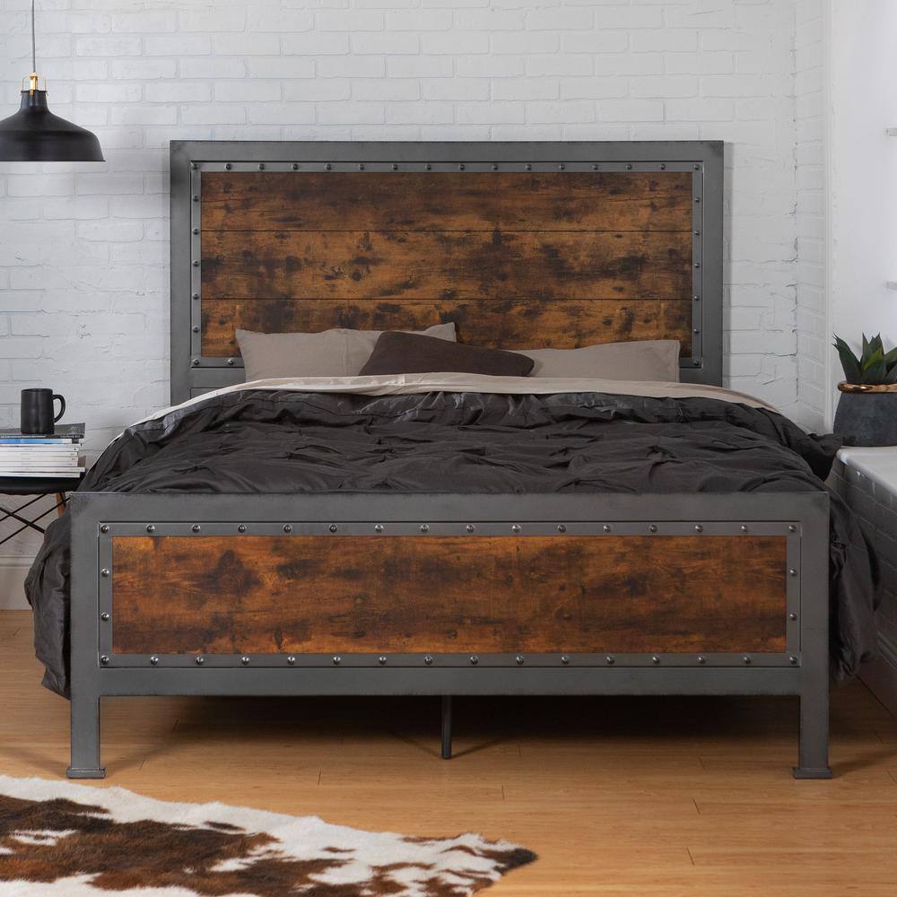 Walker Edison Furniture Company  Rustic Home Rustic Brown Queen Size Metal Bed Frame with Wood Accents
