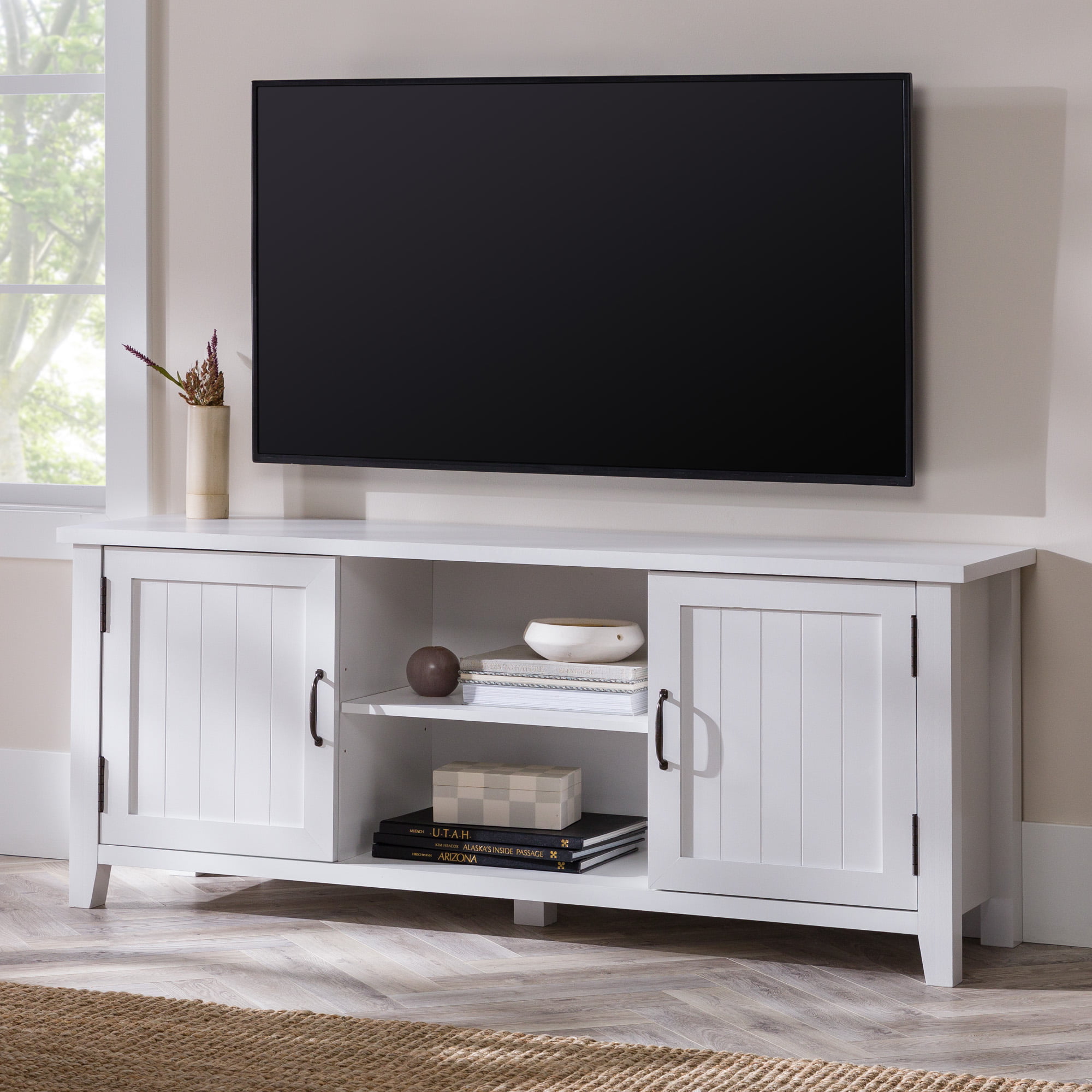 Woven Paths Franklin Grooved 2-Door TV Stand for TVs up to 65″. White