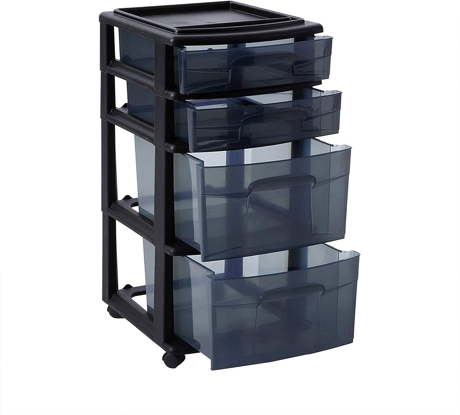 HOMZ Plastic 4 Drawer Medium Cart. Black Frame with Smoke Tint Drawers. Casters Included