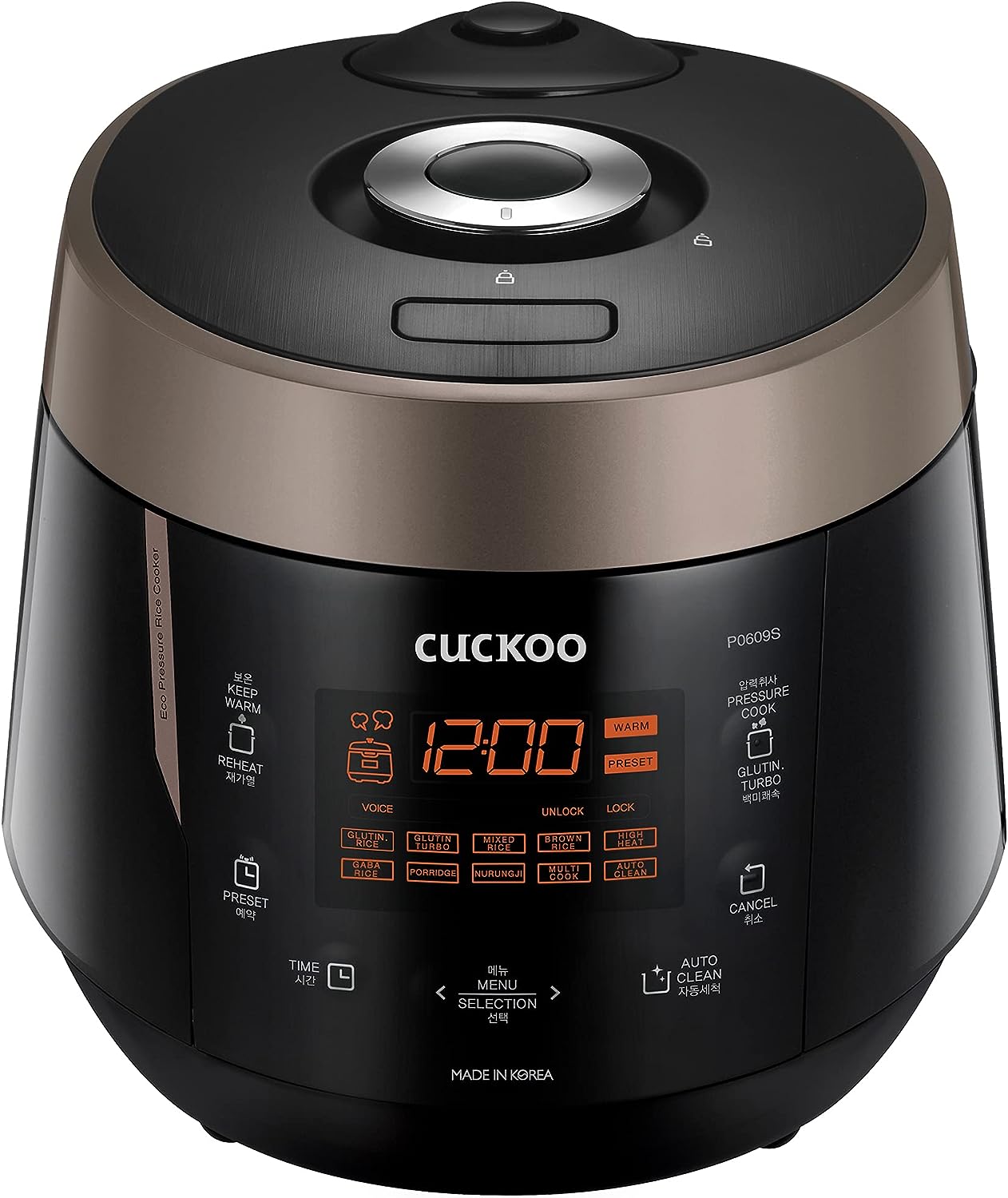 CUCKOO CRP-P0609S | 6-Cup (Uncooked) Pressure Rice Cooker | 12 Menu Options: Quinoa. Nu Rung Ji. GABA/Brown Rice & More. Made in Korea | Black/Copper