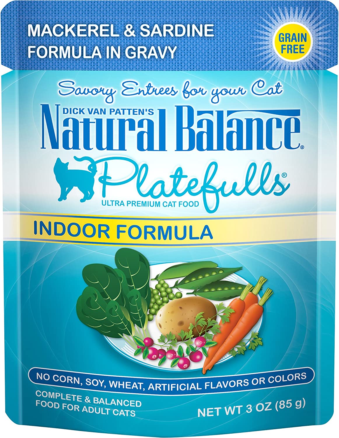Natural Balance Platefulls Indoor Formula Mackerel & Sardine in Gravy Grain-Free Cat Food Pouches 3-oz pouch case of 24