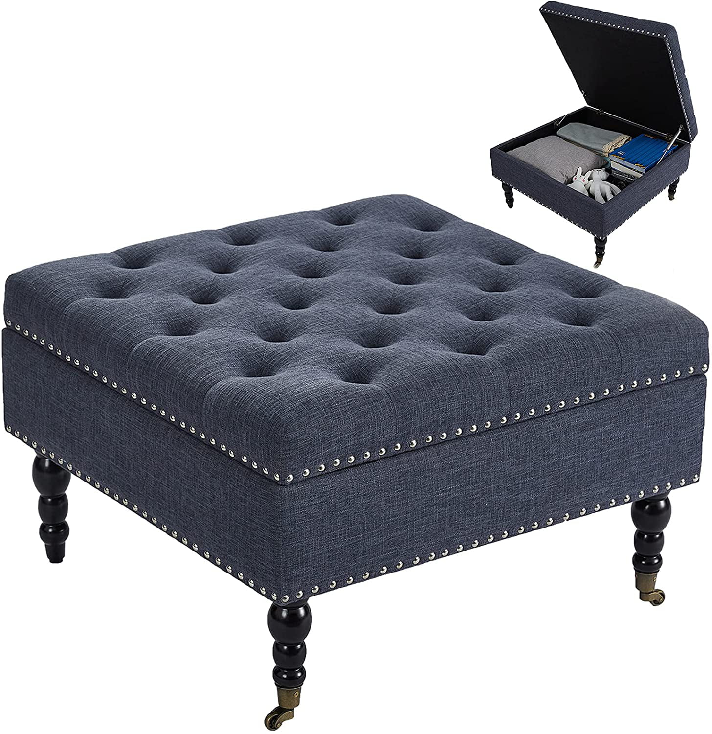 AVAWING 29″ Storage Large Ottoman Modern Square Tufted Bench for Living Room. Fabric Nailed Trim Ottoman Coffee Table for Bedroom with Rolling Wheels. Dark Grey