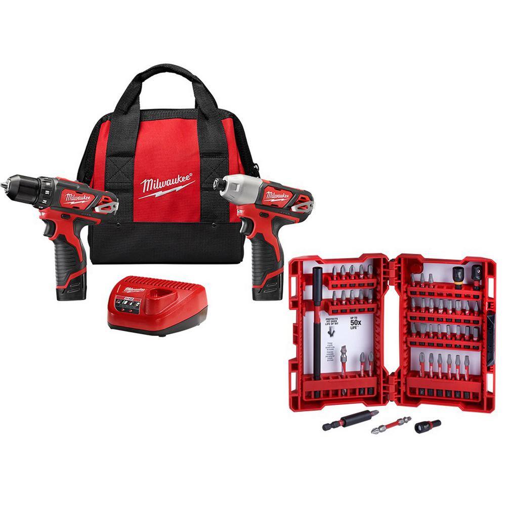 Milwaukee 2494-22-48-32-4023 M12 12V Lithium-Ion Cordless Drill Driver/Impact Driver w/Two 1.5Ah Batteries. Charger (2-Tool) & 45pc Bit Kit