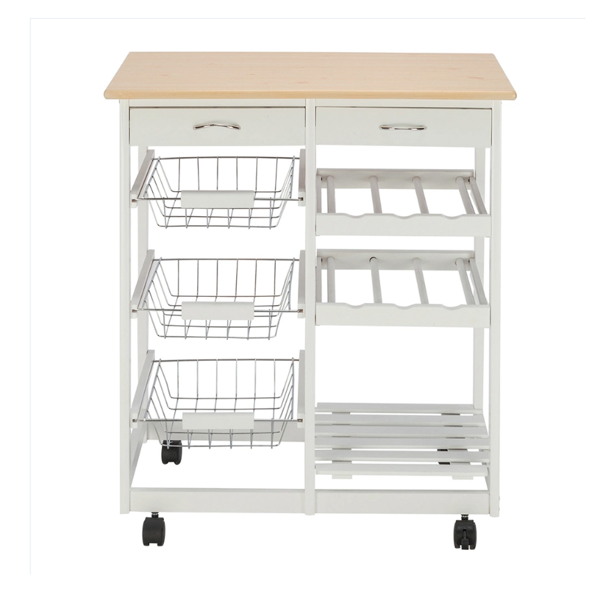 DISCOUNTTODAY  Moveable Kitchen Cart with Two Drawers & Two Wine Racks & Three Baskets White YJ