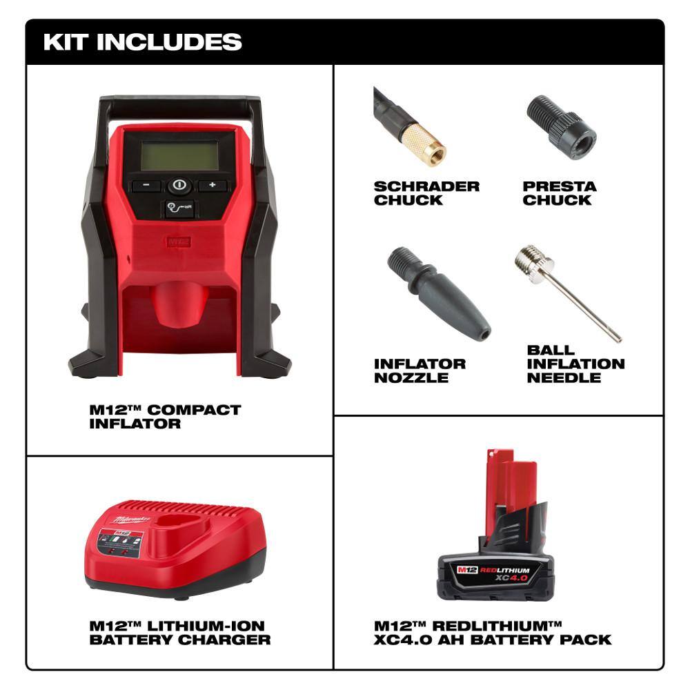 Milwaukee 2475-21XC-48-11-2420 M12 12-Volt Lithium-Ion Cordless Compact Inflator Kit with 4.0 Ah Battery. Charger and Bonus 2.0 Ah Battery Pack