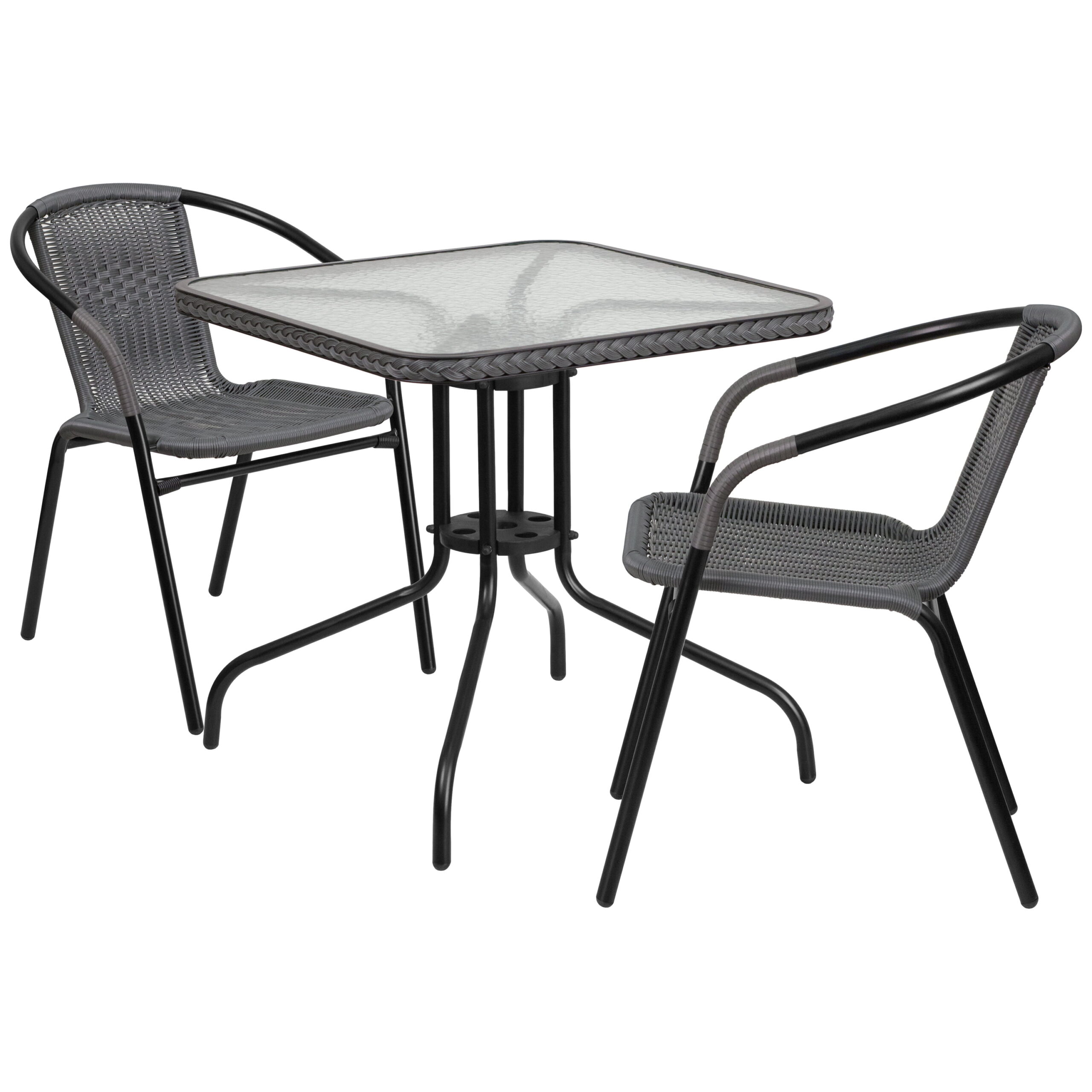 Flash Furniture 28” Square Glass Metal Table with Gray Rattan Edging and 2 Gray Rattan Stack Chairs