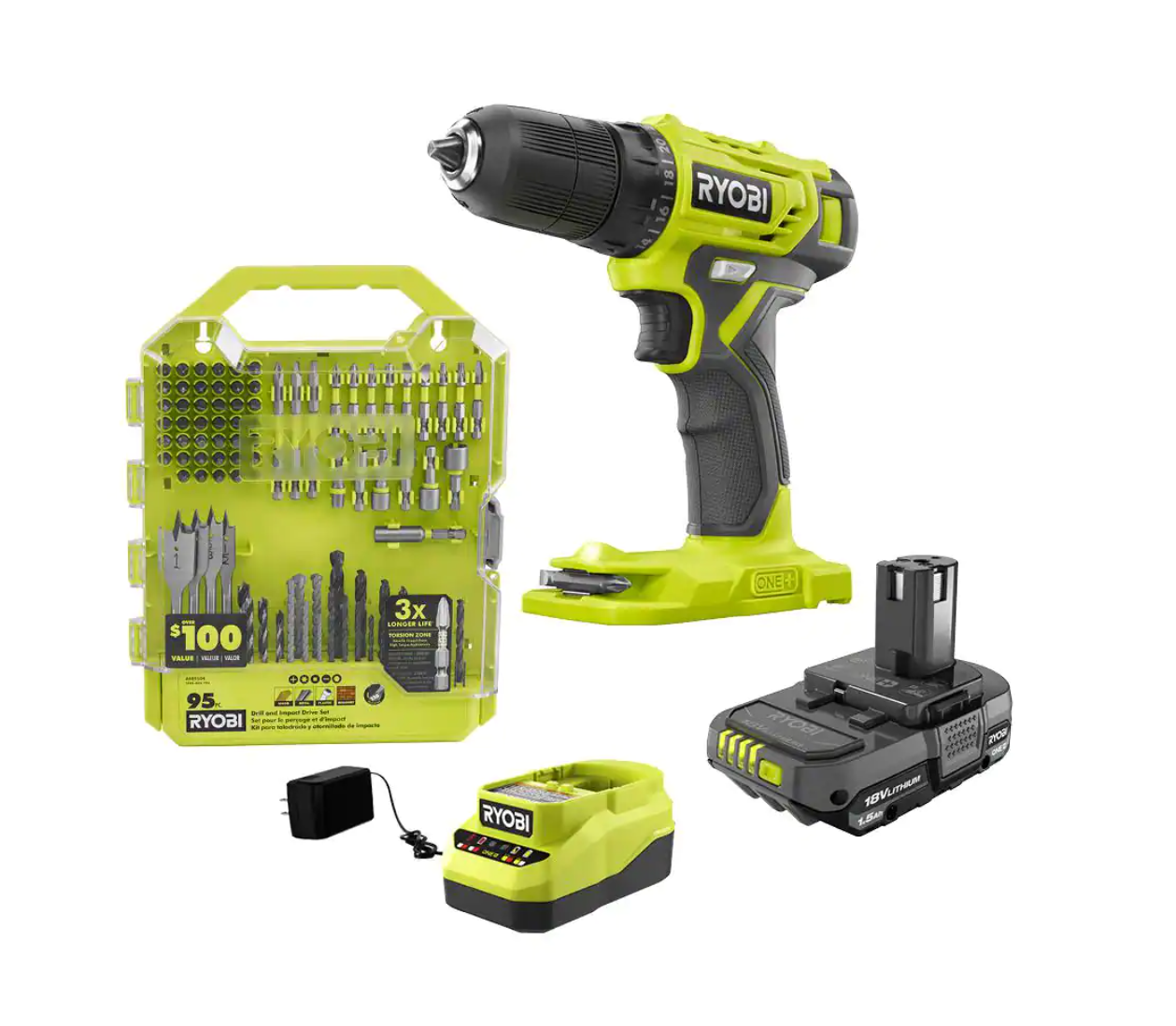 RYOBI PDD209K-A989504 ONE+ 18V Cordless 3/8 in. Drill/Driver Kit with 1.5 Ah Battery. Charger. and Drill and Drive Kit (95-Piece)