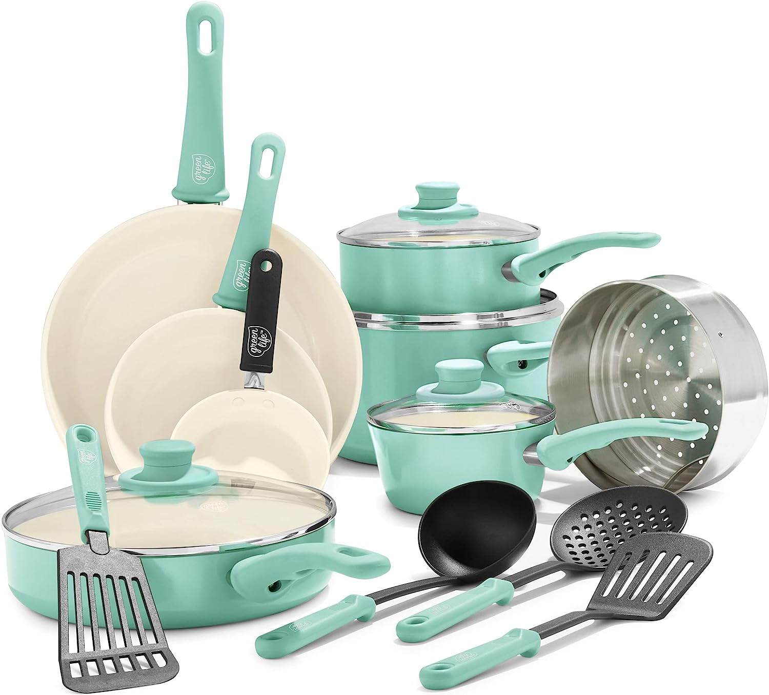 GreenLife Soft Grip Healthy Ceramic Nonstick 16 Piece Kitchen Cookware Pots and Frying Sauce Pans Set. PFAS-Free. Dishwasher Safe. Turquoise