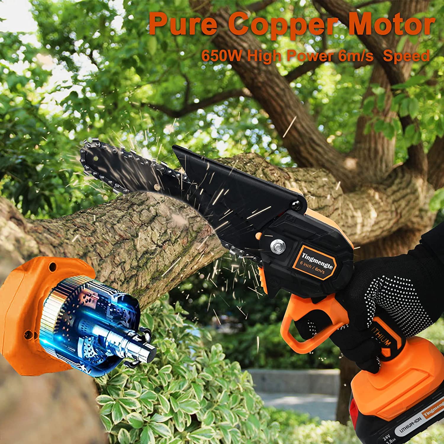 Tingmengte Mini Chainsaw 6 Inch. Cordless Mini Chainsaw Battery Powered with 24V 10000mAh Rechargeable Battery. 2.57Lb One-Hand Use Electric Chainsaw. Handheld Chainsaw for Tree Trimming Wood Cutting