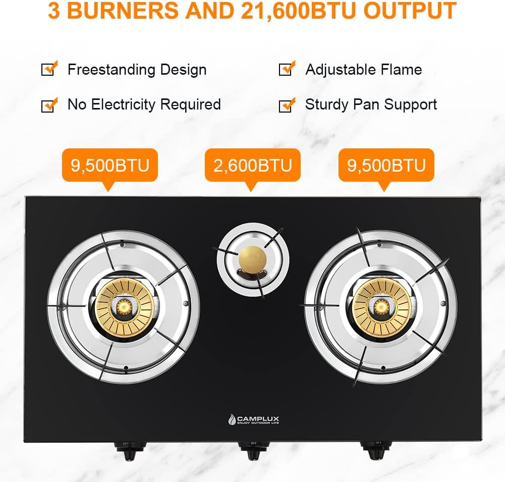 Camplux Propane Gas Stove with 21.600BTU. 3 Burners Propane Stove. Tempered Glass Camping Cooking Stove