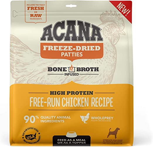 ACANA Grain Free High Protein Fresh & Raw Animal Ingredients Free-Run Chicken Recipe Freeze Dried Patties Dog Food. 14 oz.