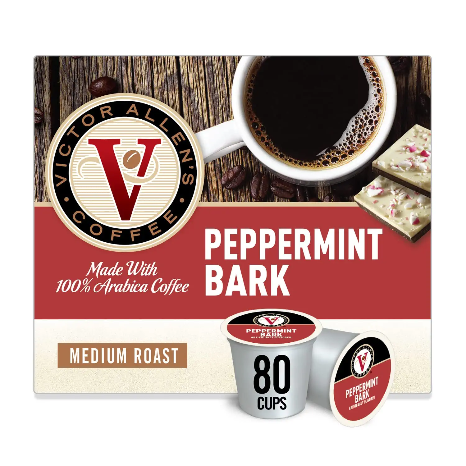 Victor Allen-s Coffee Peppermint Bark Flavored Medium Roast 80 Count. Single Serve Coffee Pods for Keurig K-Cup Brewers