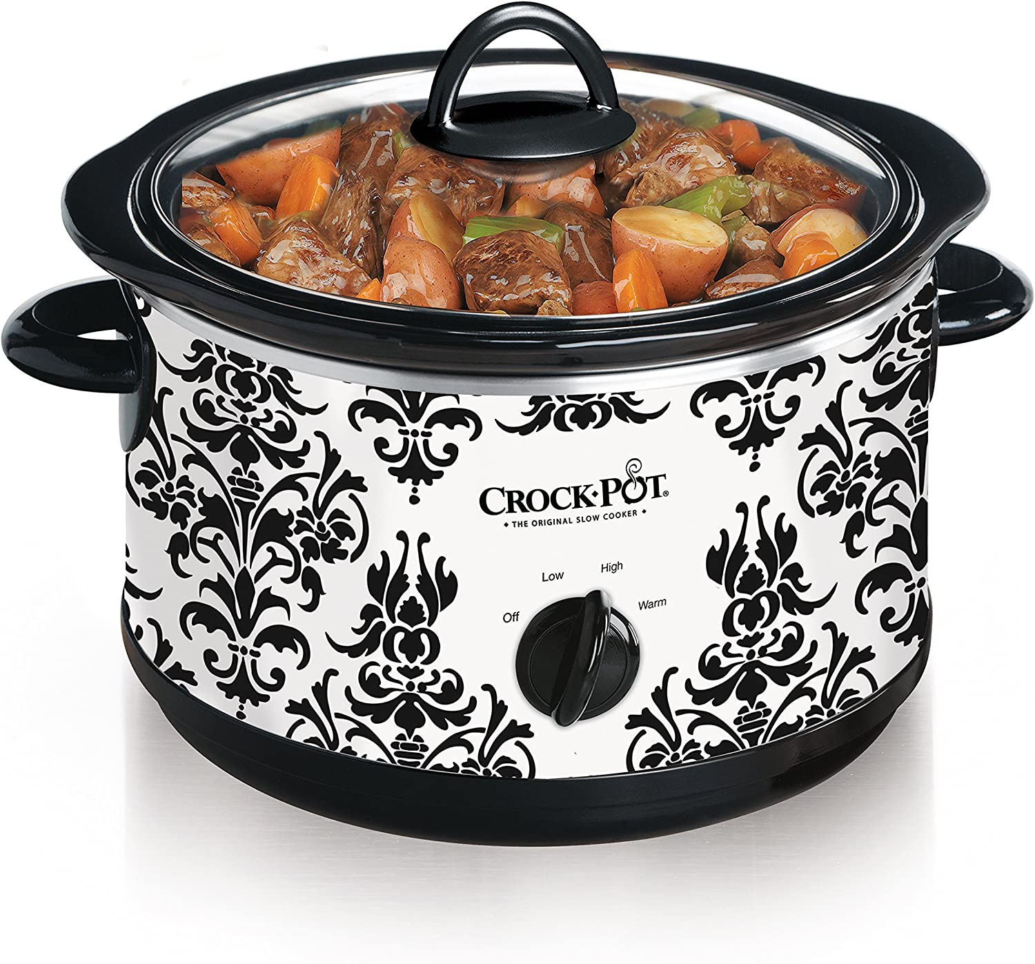 Crock-Pot 4.5 Quart Manual Slow Cooker. Damask Pattern. White