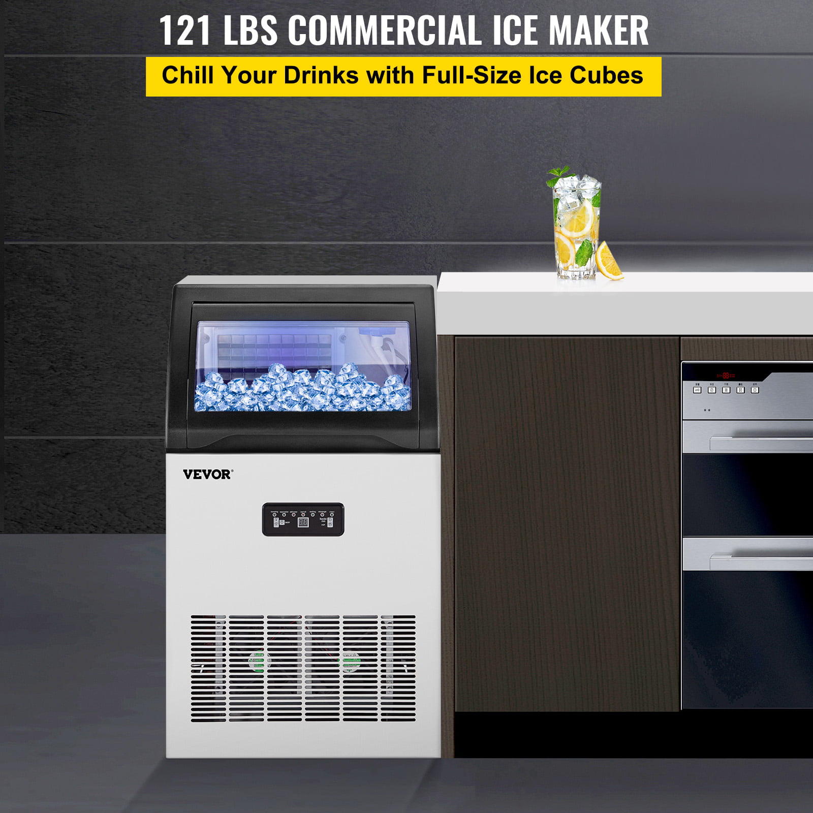 VEVORbrand Commercial Ice Maker 120 lbs/24h. 530W Commercial Ice Machine with 29 lbs Storage Capacity. Stainless Steel Construction Ice Cube Making Machine. includes Water Filter and Connection Hose