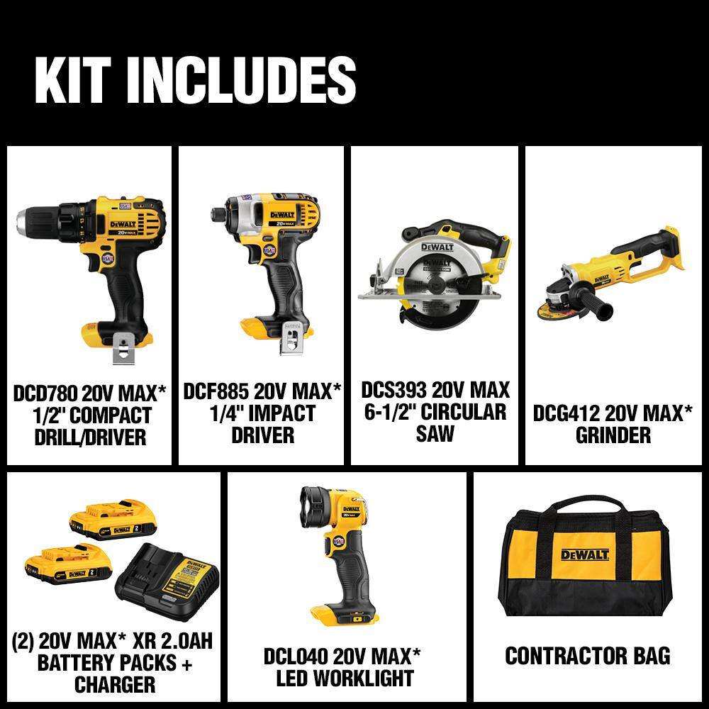 DEWALT DCK521D2 20V MAX Cordless 5 Tool Combo Kit with (2) 20V 2.0Ah Batteries and Charger