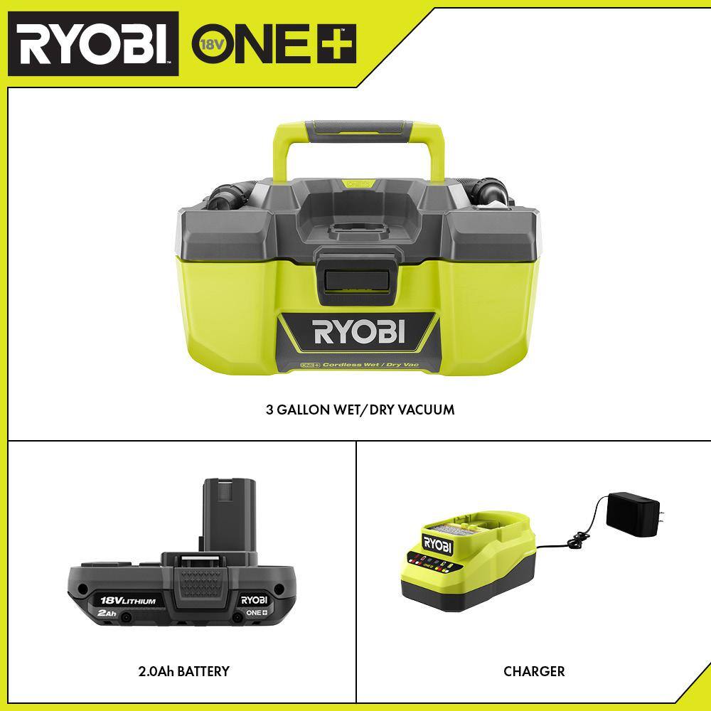 RYOBI P3240-PSK005 ONE+ 18V Cordless 3 Gal. Project Wet/Dry Vacuum with Accessory Storage. 2.0 Ah Battery. and Charger