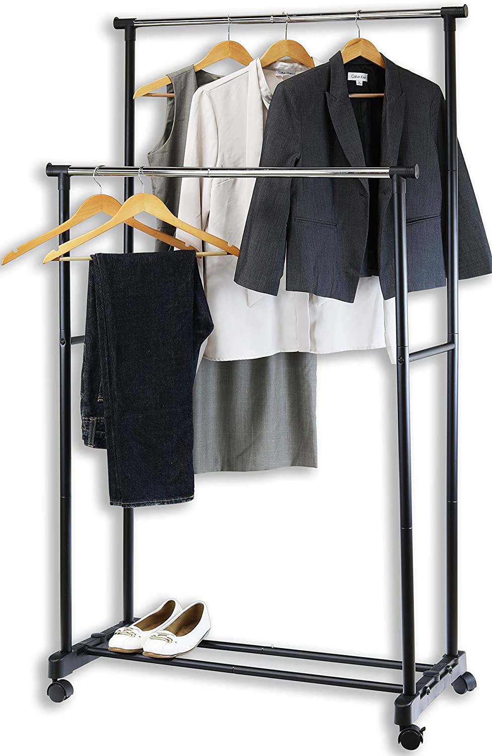 Simple Houseware Double Rod Portable Clothing Hanging Garment Rack