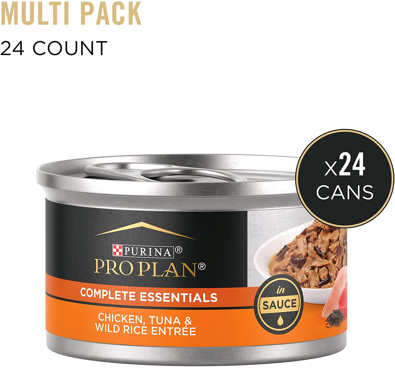 Purina Pro Plan Gravy Wet Cat Food. COMPLETE ESSENTIALS Chicken. Tuna & Wild Rice Entree in Sauce - (24) 3 oz. Pull-Top Cans