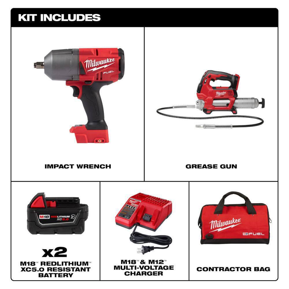 Milwaukee 2767-22GR M18 FUEL 18V Lithium-Ion Brushless Cordless 1/2 in. High-Torque Impact Wrench with Grease Gun Kit. Resistant Batteries