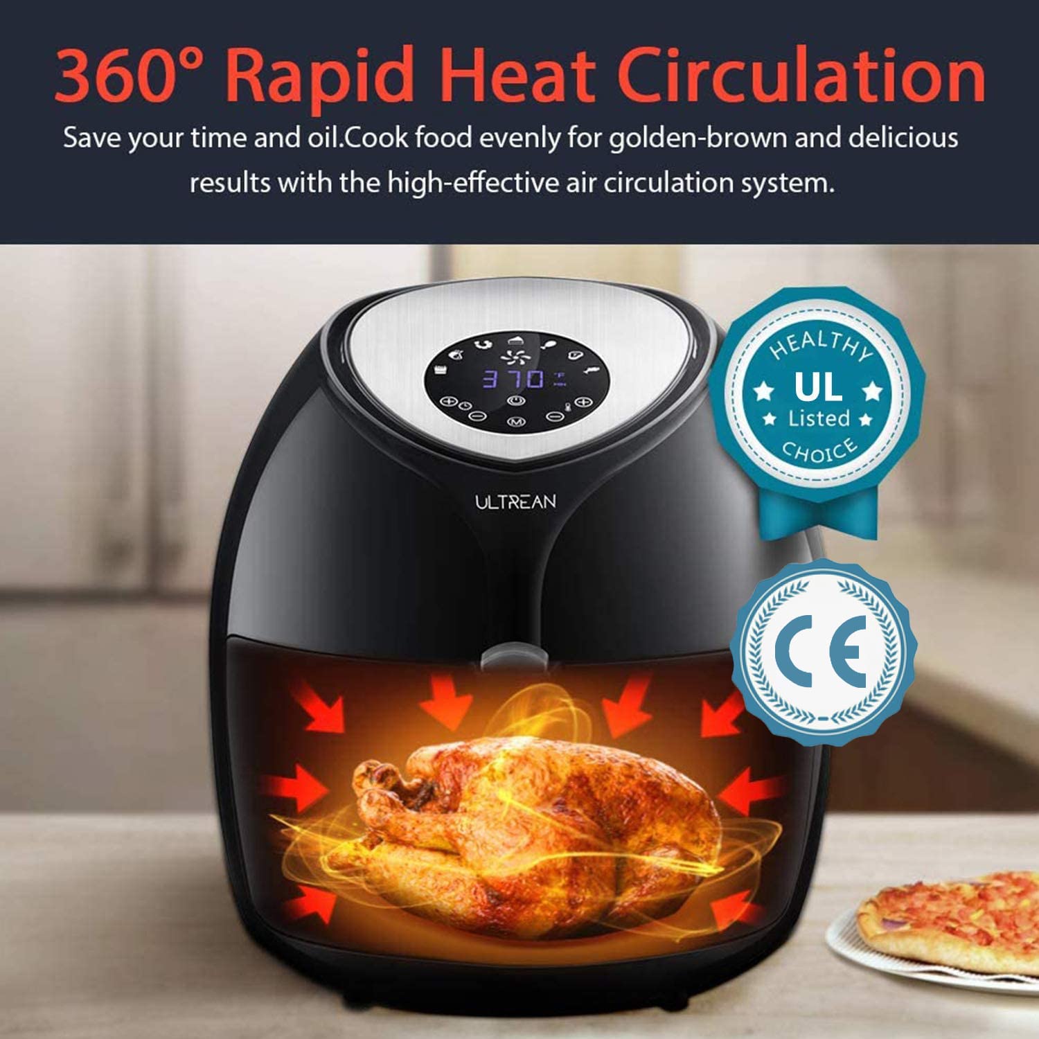 Ultrean Air Fryer 6 Quart . Large Family Size Electric Hot Air Fryer XL Oven Oilless Cooker with 7 Presets. LCD Digital Touch Screen and Nonstick Detachable Basket.UL Certified.1700W (Black)