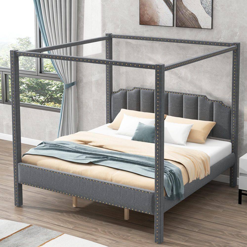 GOJANE  Gray Wood Frame King Size Upholstery Canopy Bed with Headboard. Support Legs