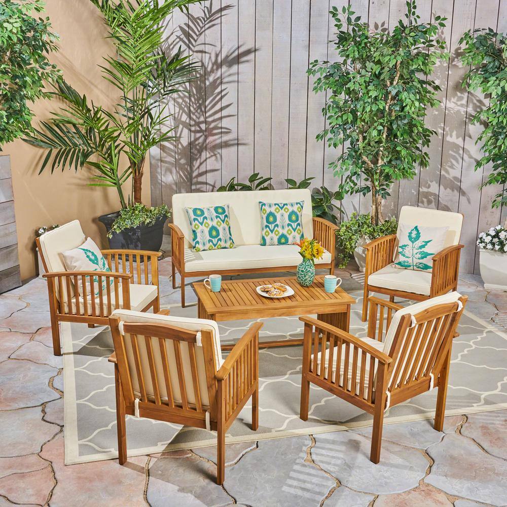 Noble House  Carolina Brown Patina 6-Piece Wood Patio Conversation Set with Cream Cushions