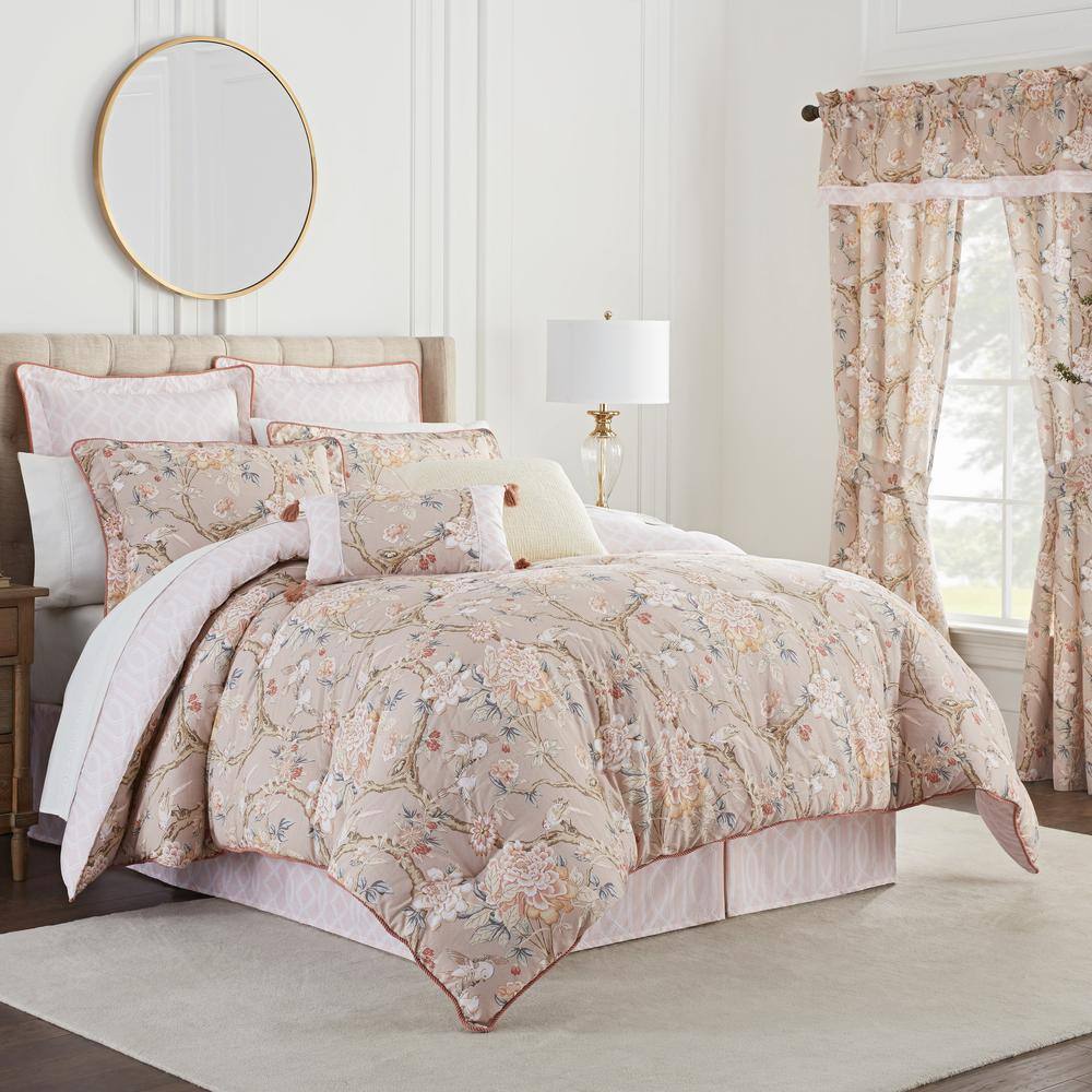 Waverly  Mudan 4-Piece Beige Floral Cotton King Comforter Set