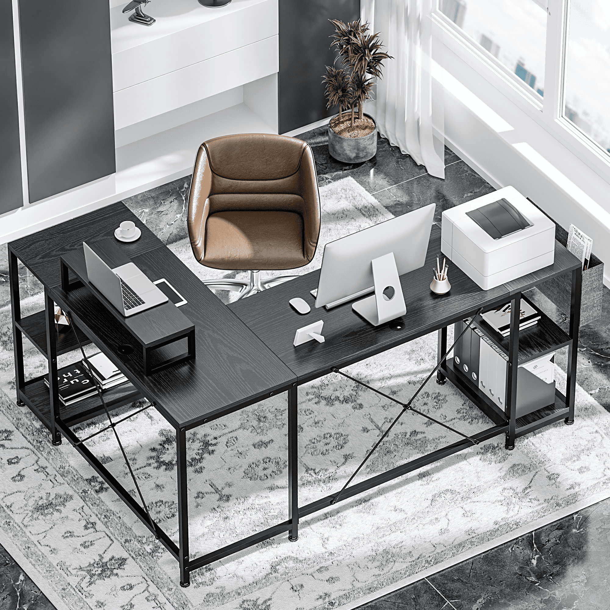 Lulive 95″ Reversible Computer Desk. L Shaped Desk Office Desk with 4 Shelves/Monitor Stand/ Storage Bag/Hooks for Home Office. Black