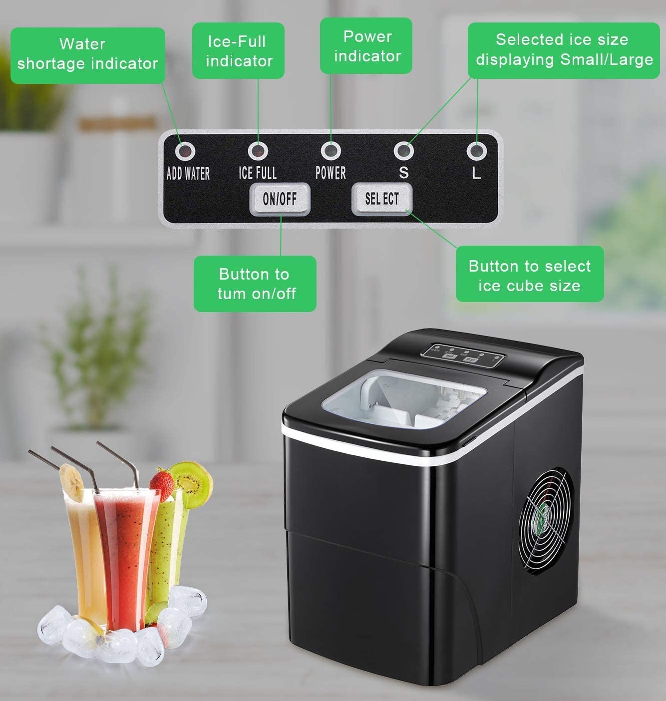 AGLUCKY Countertop Ice Maker Machine. Portable Ice Makers Countertop. Make 26 lbs ice in 24 hrs.Ice Cube Rready in 6-8 Mins with Ice Scoop and Basket (Black)