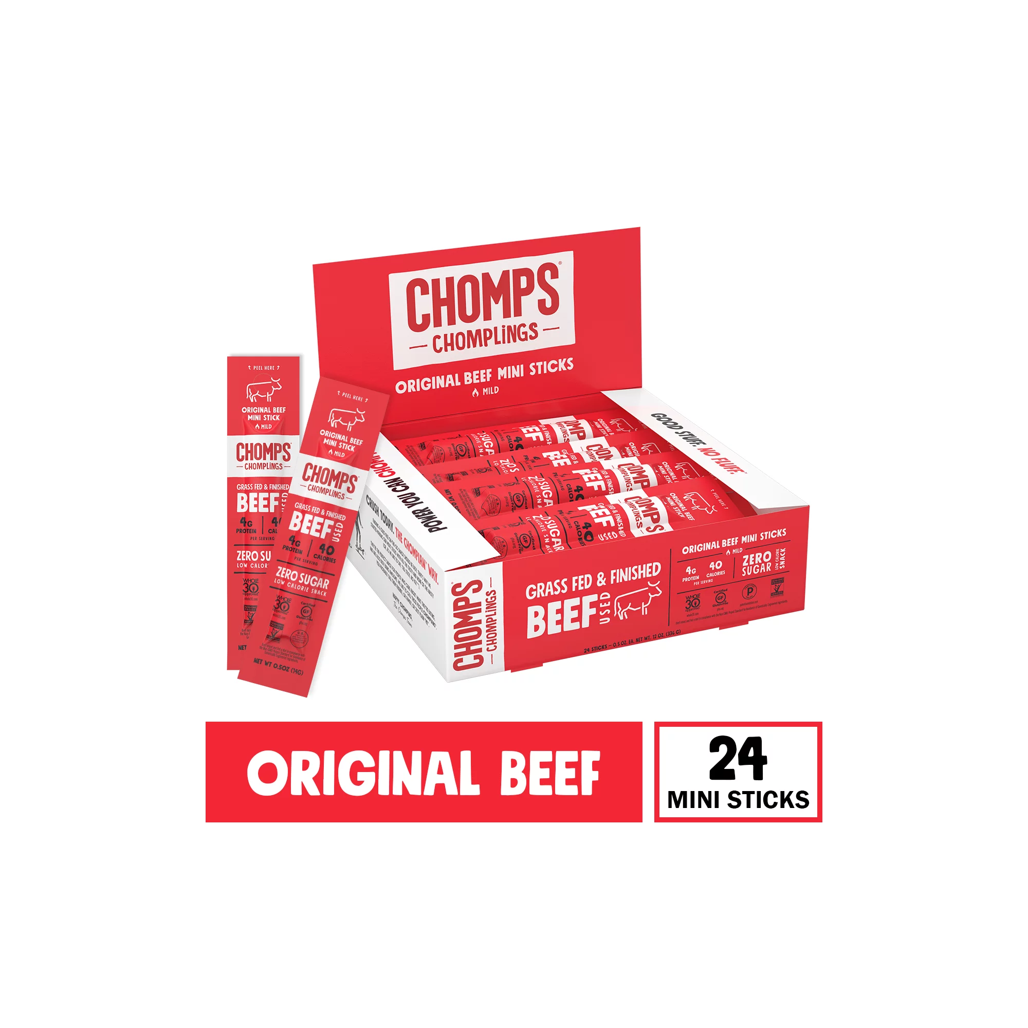 Chomps Mini Beef Jerky Sticks. Original Beef. High Protein. Gluten Free. Sugar Free. Whole 30 Approved. 24ct 0.5 oz