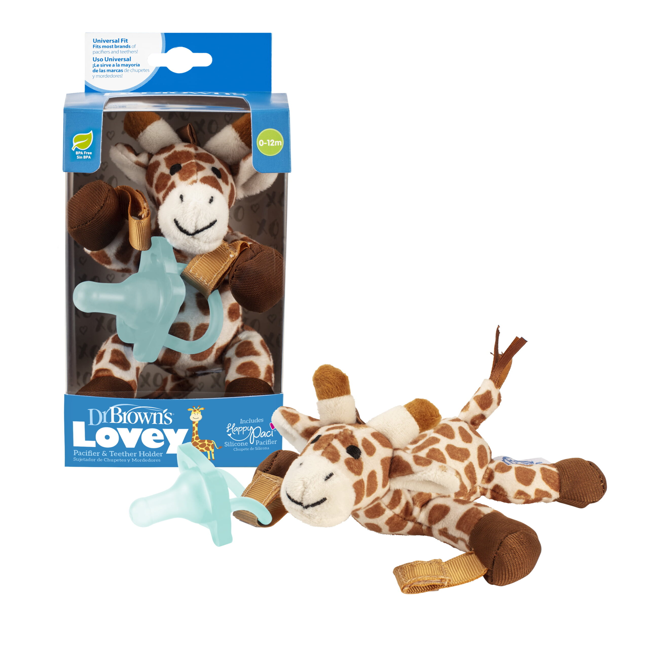 Dr. Brown's Lovey Pacifier and Teether Holder with HappyPaci Silicone Baby Pacifier - Giraffe - 0-6m