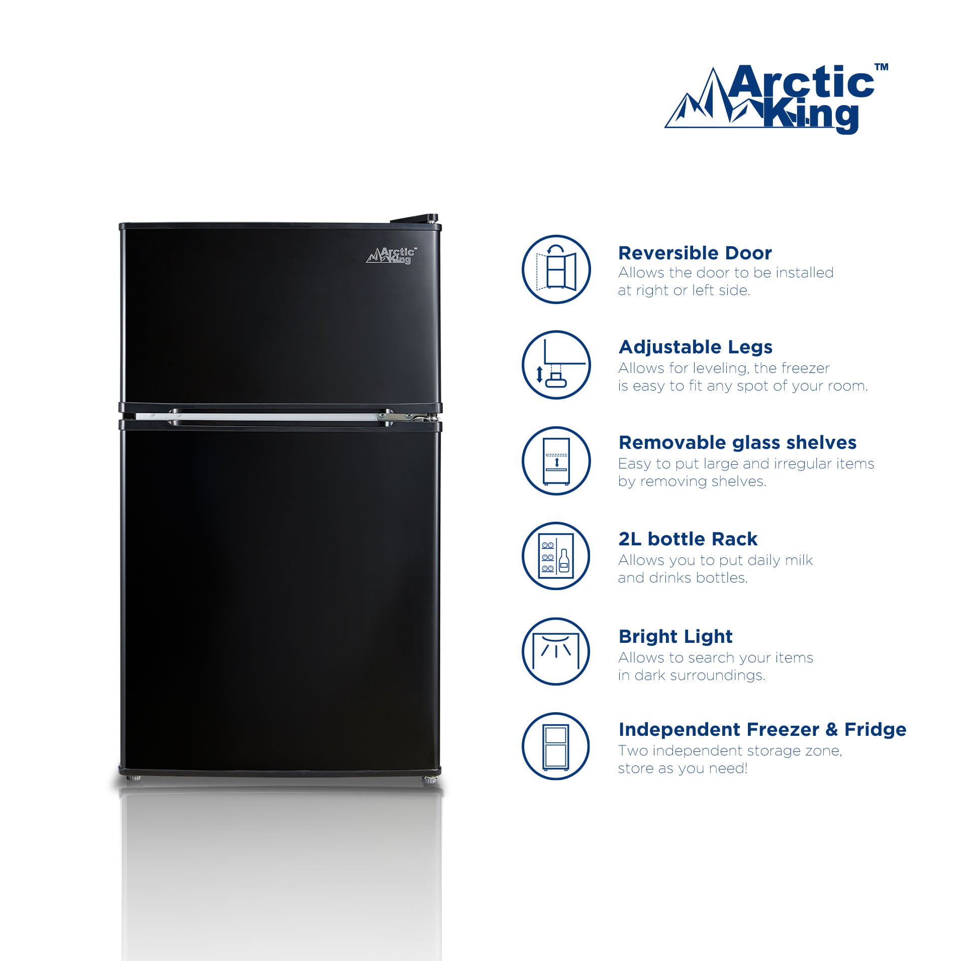 Arctic King 3.2 Cu Feet Two Door Mini Fridge with Freezer. Black. E-star
