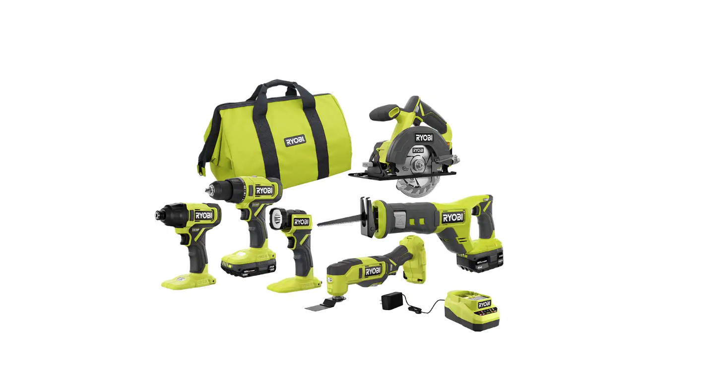 RYOBI PCL1600K2 ONE+ 18V Cordless 6-Tool Combo Kit with 1.5 Ah Battery. 4.0 Ah Battery. and Charger
