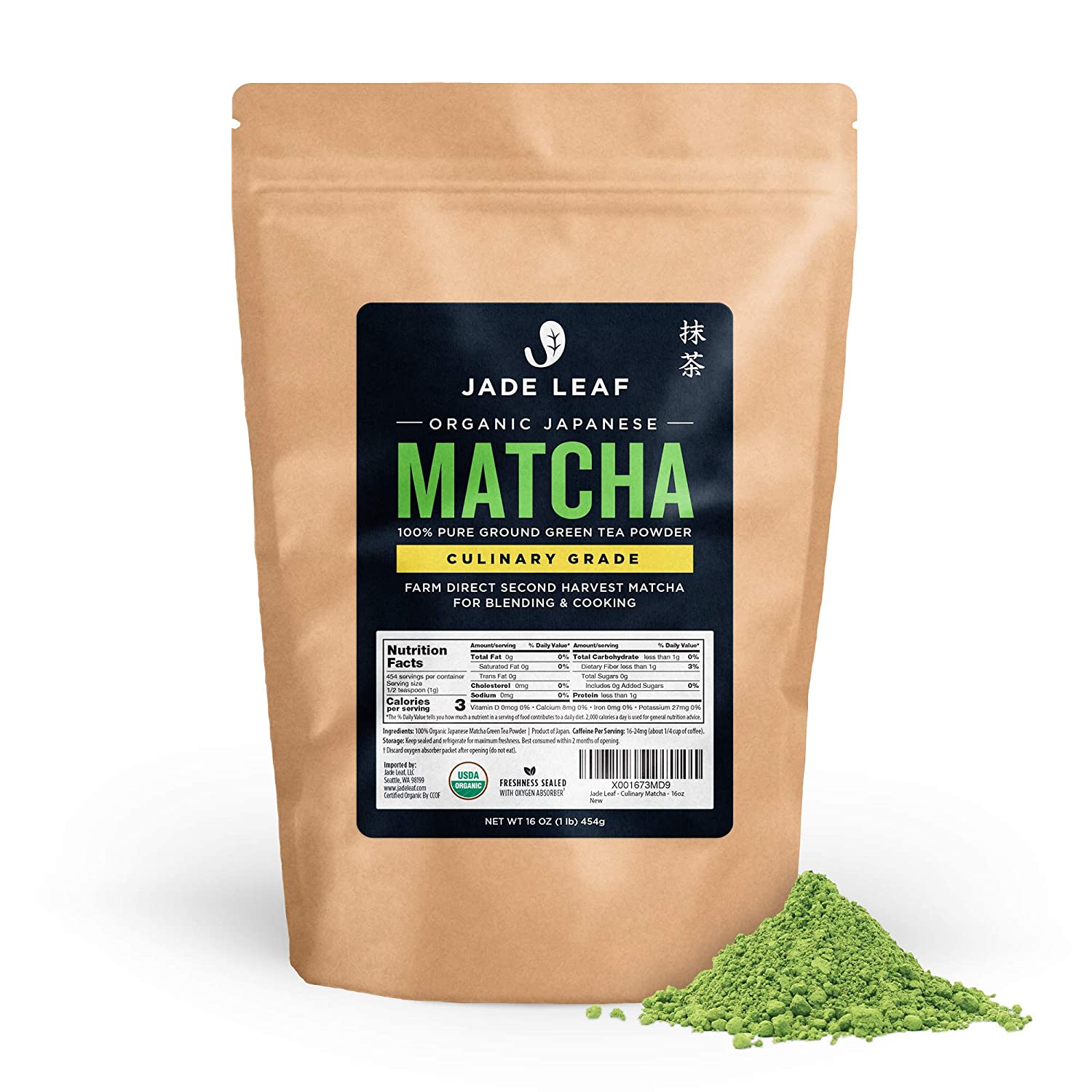 Jade Leaf Organic Matcha Green Tea Powder - Authentic Japanese Origin - Premium Second Harvest Culinary Grade (1 Pound)