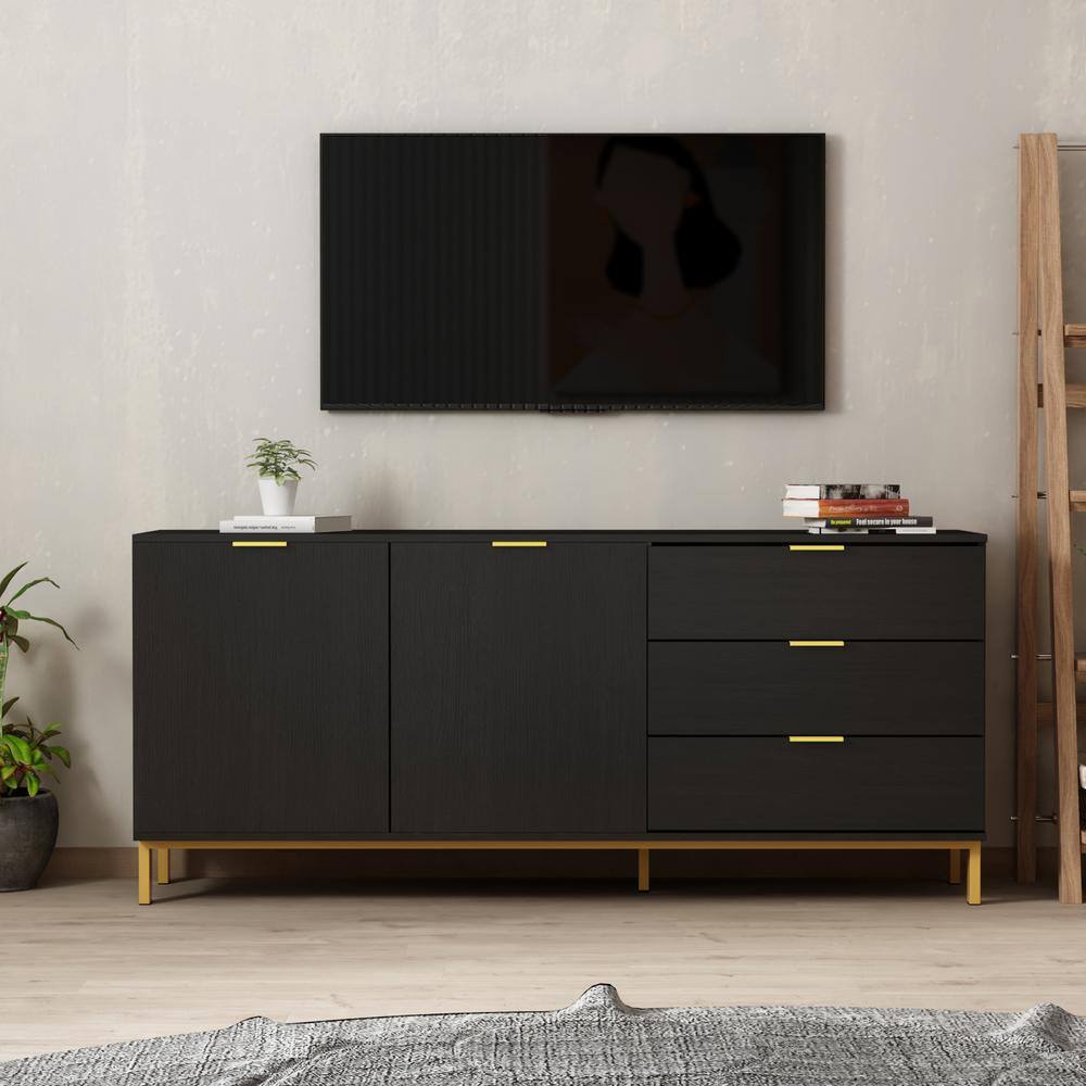 FUFU&GAGA  62.9 in. Wood Black TV Stand Entertainment Center with Storage Cabinet and 3-Drawers Fits TV-s up to 70 in.