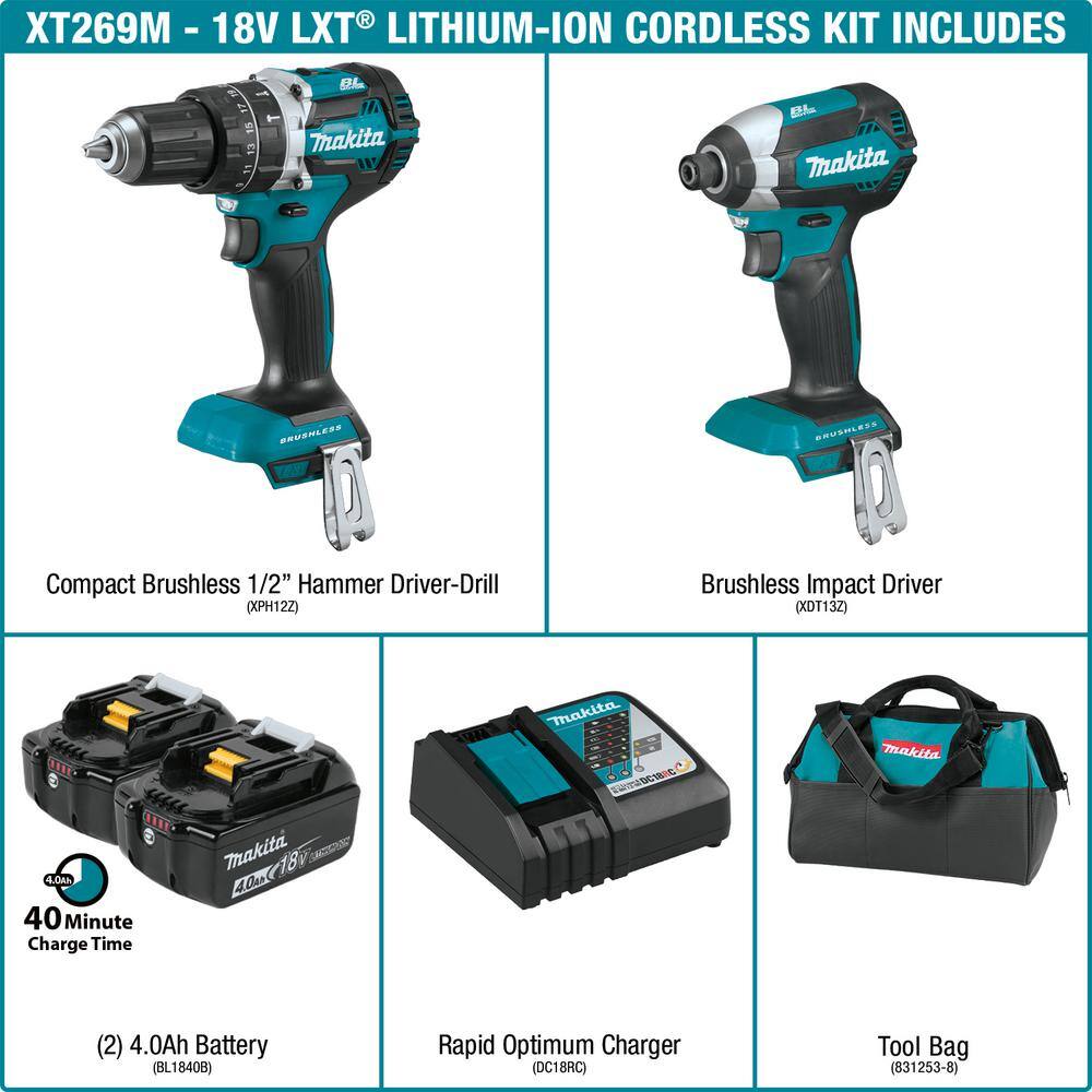Makita XT269M-XSF03Z 18V LXT Lithium-Ion Brushless Cordless 2-Pc. Combo Kit (4.0Ah) with bonus 18V LXT Cordless Drywall Screwdriver