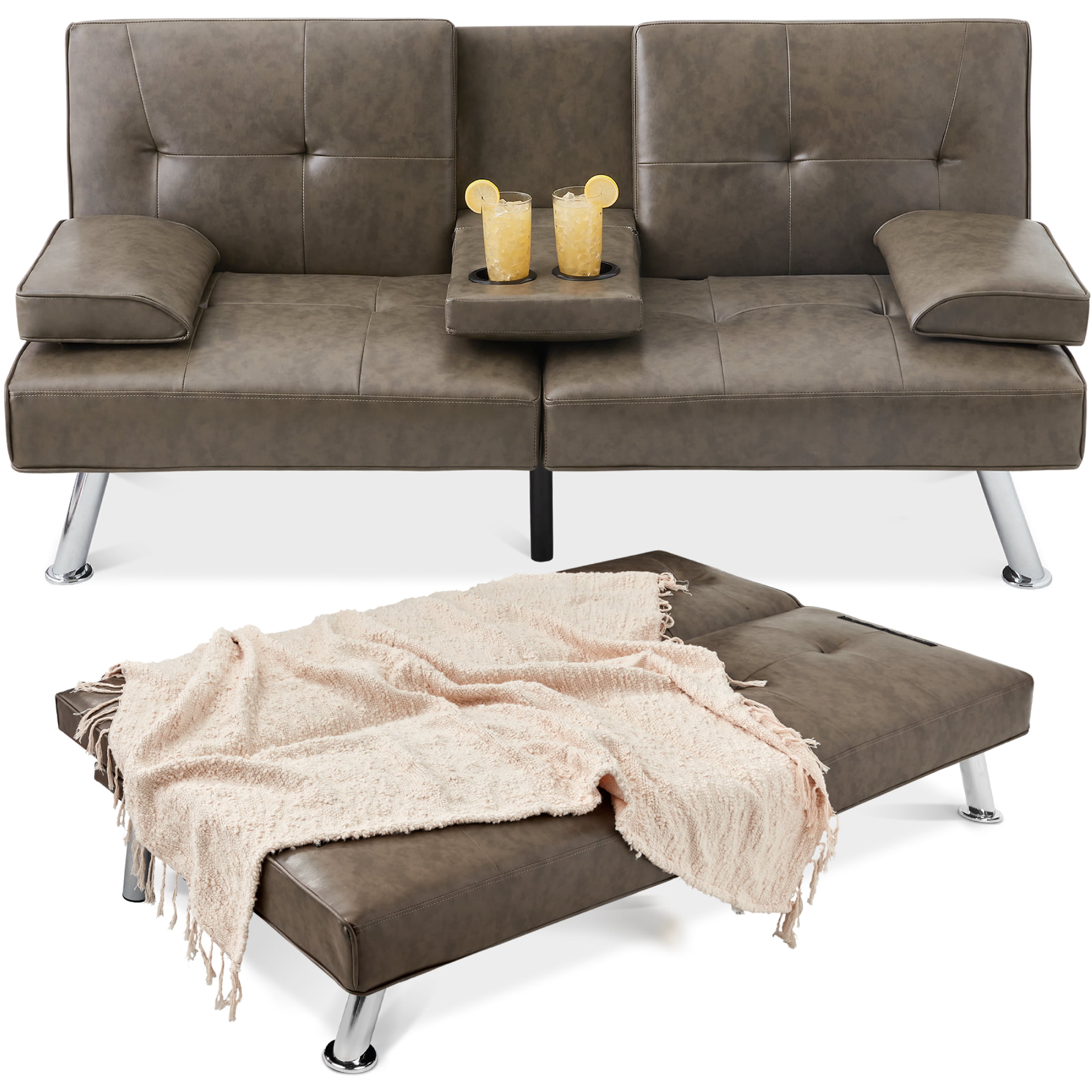 Best Choice Products Modern Faux Leather Convertible Futon Sofa w/ Removable Armrests. Metal Legs. 2 Cupholders - Gray