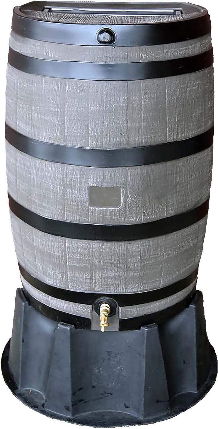 RTS Home Accents 551000655A5681. Woodgrain with Black Stripes Polyethylene 50 Gallon Flat Back Rain Barrel with Stand. Color