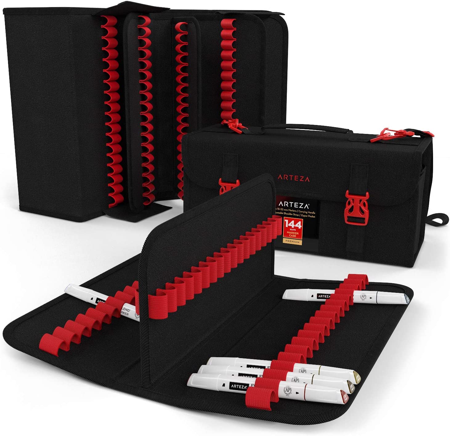 Arteza Art Markers & Pens Organizer. 144 Slots. Carrying Travel Case with Zipper Pocket and Handle. Removable and Adjustable Strap. Art Supplies for Storage and Organization