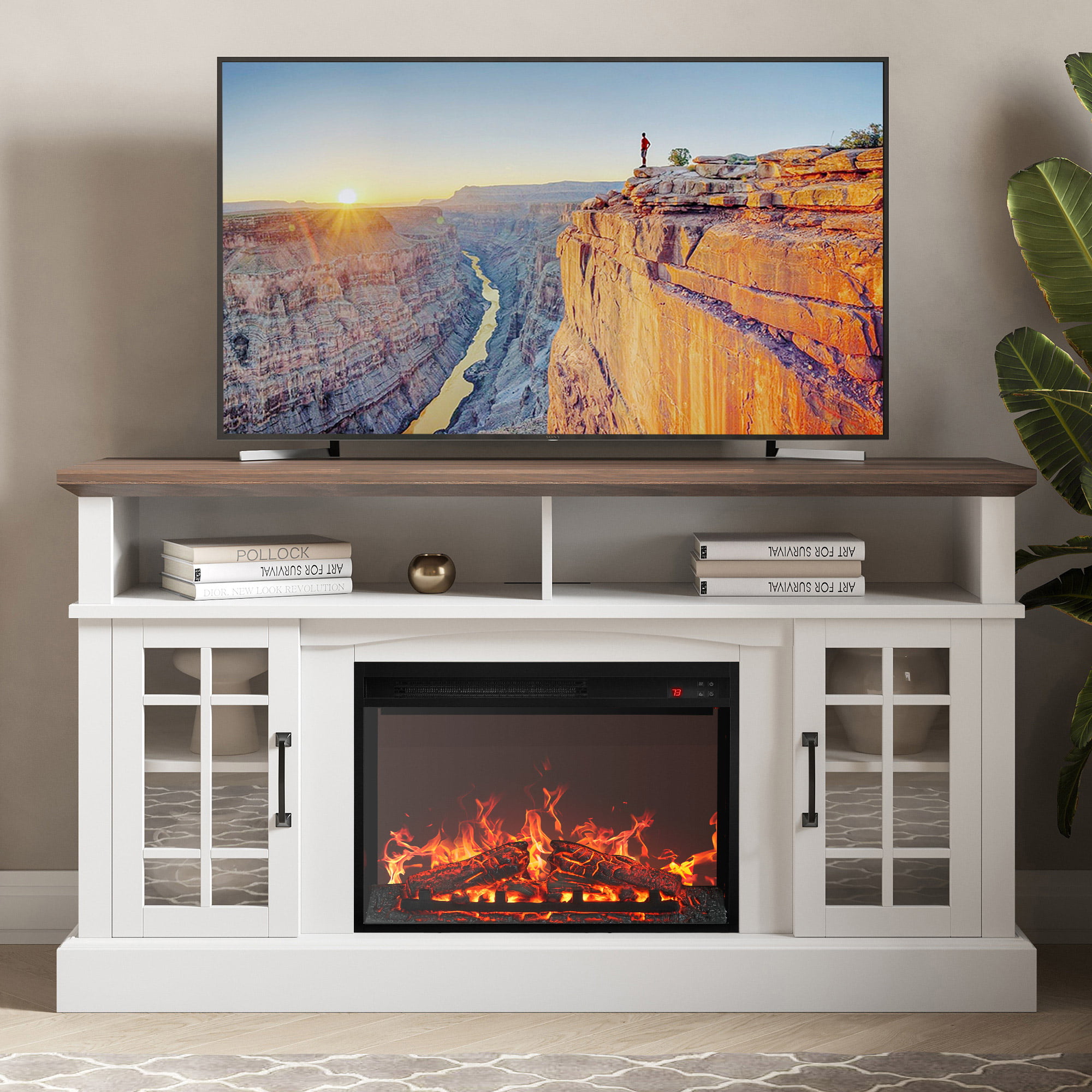 BELLEZE  58″ TV Stand with 23″ Electric Fireplace. Fireplace TV Console for TVs up to 65″. Home Entertainment Center with Storage Cabinet and Adjustable Shelves - Astorga (White)