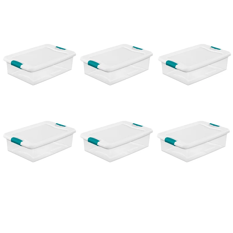 Sterilite 14968006 32 quart/30 L Latching Box with Clear Base. White Lid and Colored Latches. 6-Pack