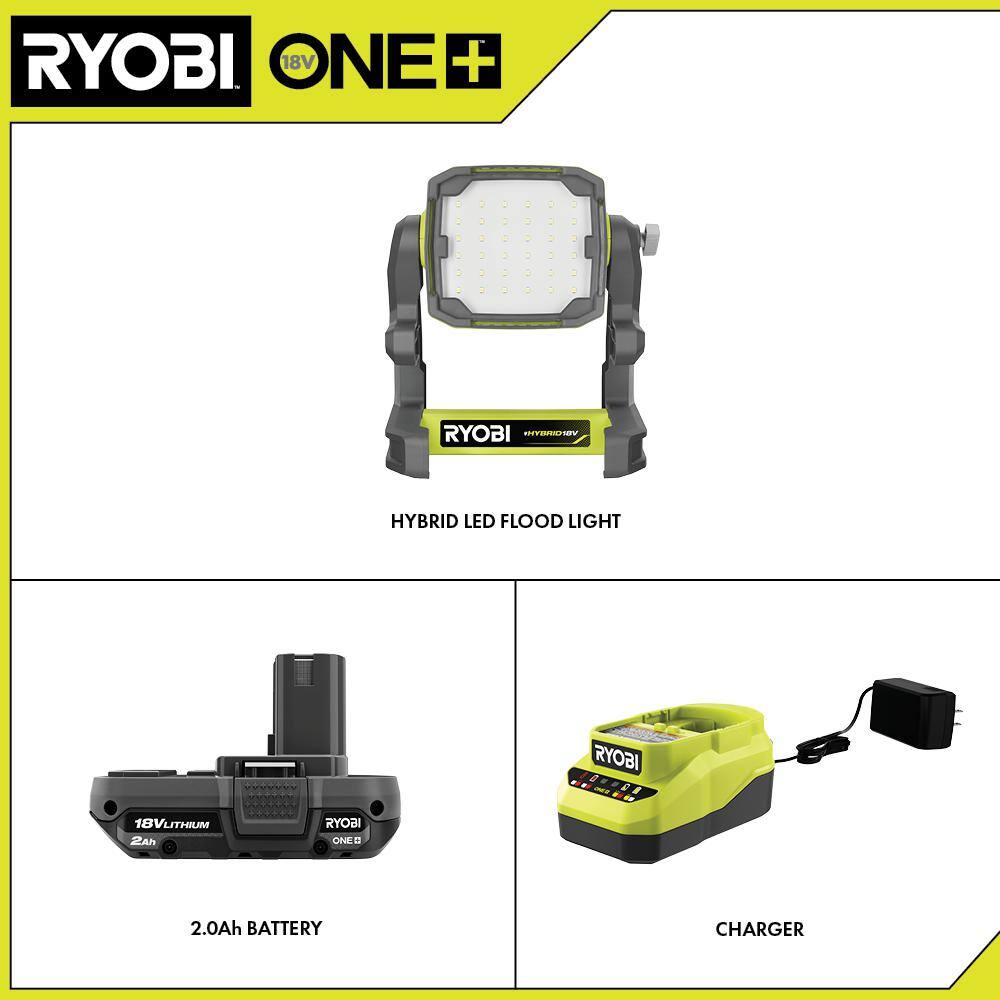 RYOBI PCL630B-PSK005 ONE+ 18V Cordless Hybrid LED Flood Light Kit with 2.0 Ah Compact Battery and Charger Starter Kit