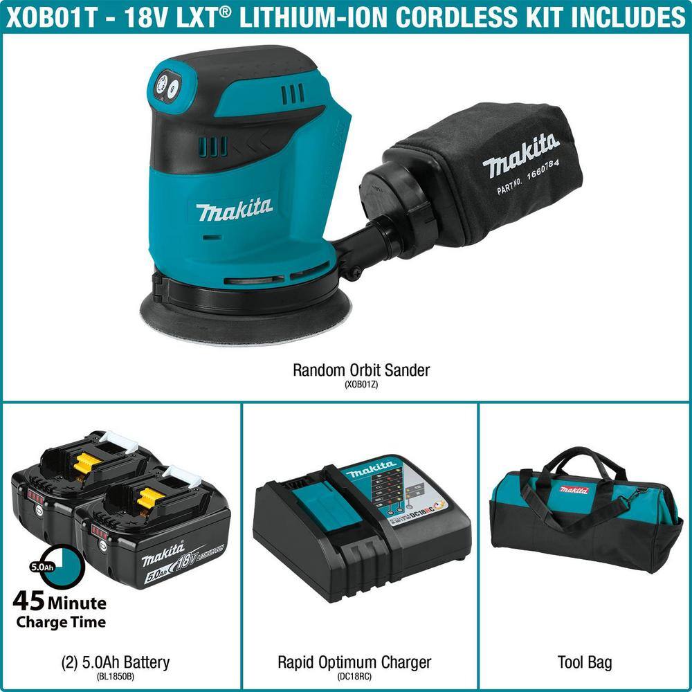 Makita XOB01T 18V 5.0Ah LXT Lithium-Ion Cordless 5 in. Random Orbit Sander Kit