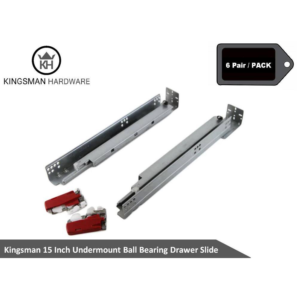 Kingsman Hardware HL-DSUSF15-6 15 in. Full Extension Under Mount Soft Close Ball Bearing Drawer Slide with Rear Bracket Set 6-Pairs (12 Pieces)