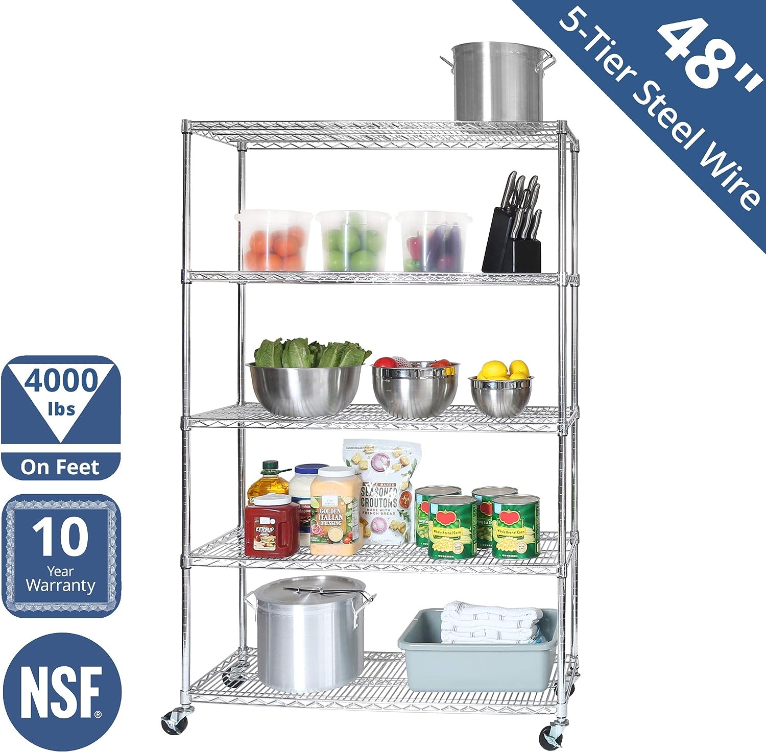 Seville Classics UltraDurable Heavy Duty NSF Solid Steel Wire Rack Storage Unit Organizer for Garage. Warehouse. Office. Restaurant. Classroom. Kitchen. 5-Tier Shelving. 48″ W x 18″ D