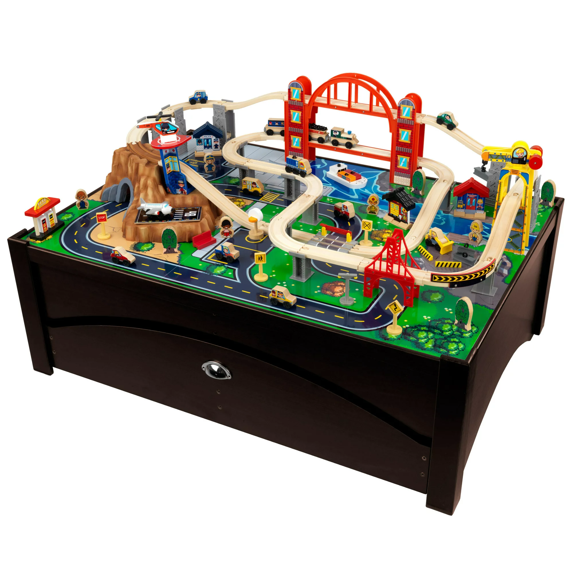 KidKraft Metropolis Wooden Train Set & Table with 100 Pieces and Storage Drawer. Espresso