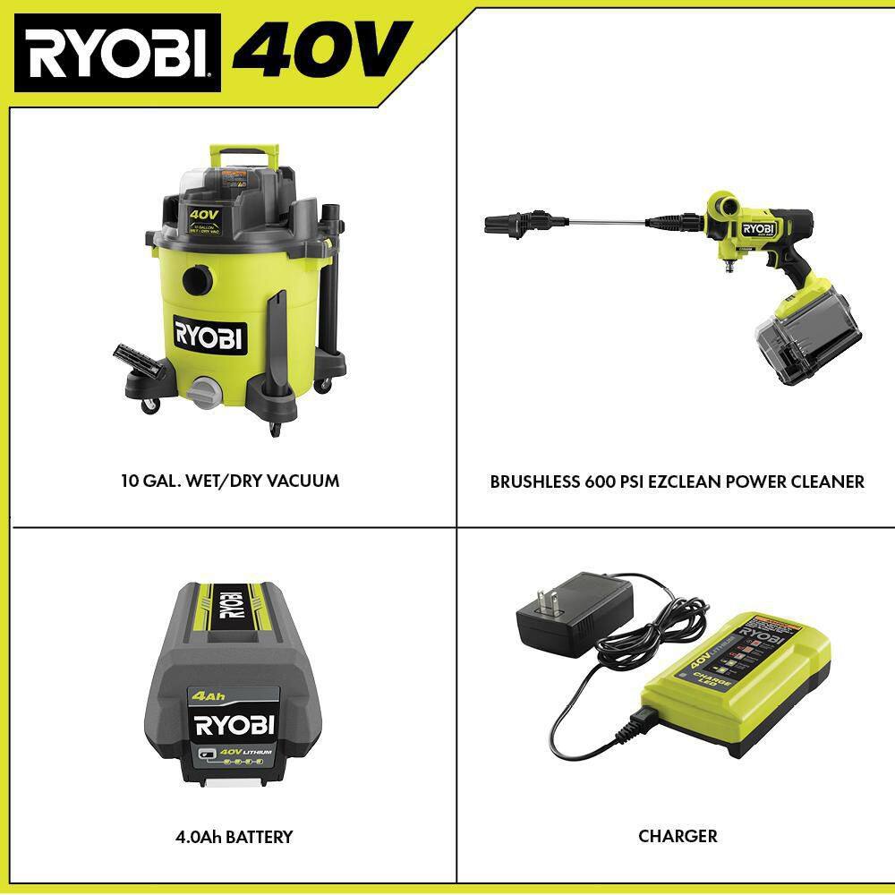RYOBI RY40WD01K-RY124050VNM 40V 10 Gal. Cordless Wet/Dry Vacuum with 40V HP Brushless EZClean 600 PSI Power Cleaner. 4.0 Ah Battery. and Charger