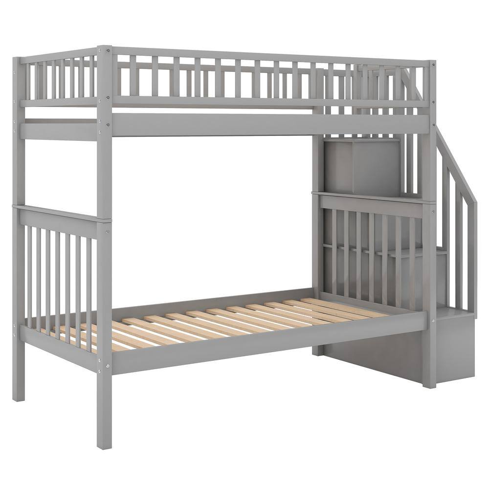 Harper & Bright Designs  Gray Twin Over Twin Bunk Bed with Trundle and Storage Shelves