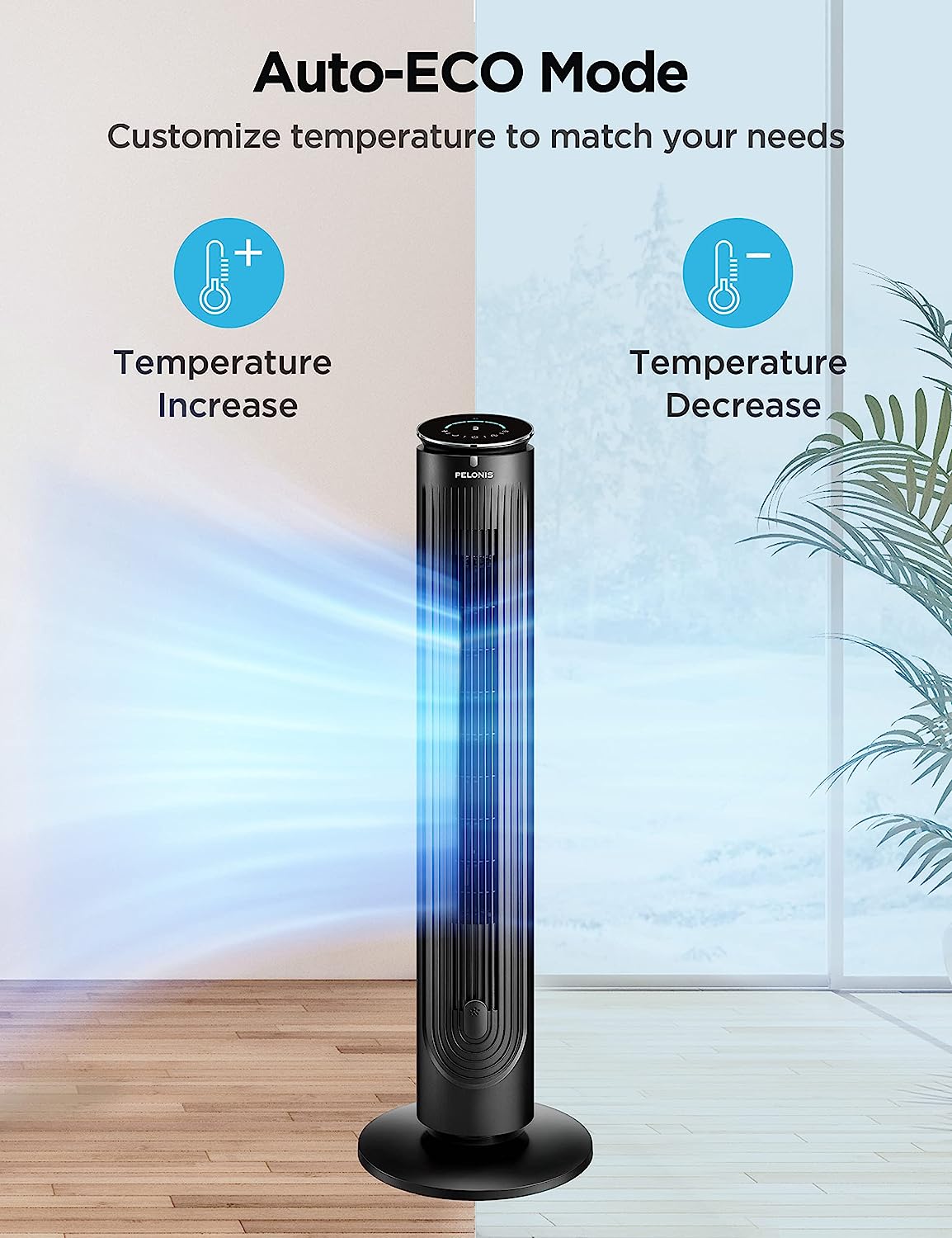 PELONIS 42'' Oscillating Tower Fan with Aromatherapy Diffuser. Remote Control. 5 Speed Settings with 3 Modes LED Display for Bedroom Home Office Use. Black